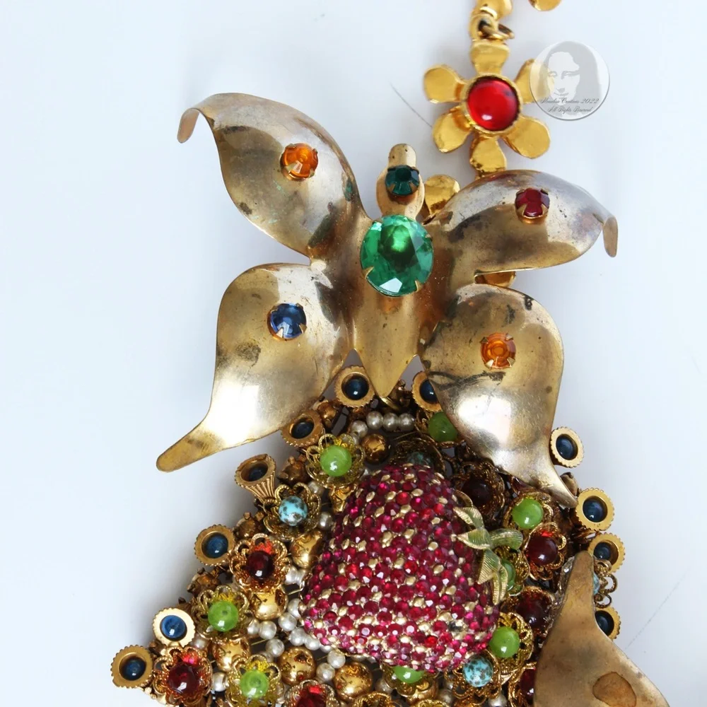 Vintage Butterfly & Berry Necklace Rhinestones Florals By Stephanie Lake Design